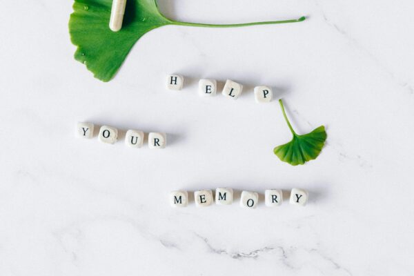 Ginkgo leaf and capsule on marble surface spelling Help Your Memory with blocks.