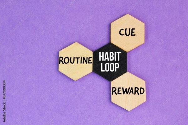 wooden hexagon with the words habit loop which are cue, routine and reward. 4 Strategies For Developing Successful Habits
