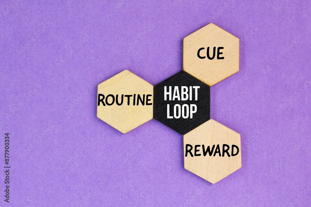 wooden hexagon with the words habit loop which are cue, routine and reward. 4 Strategies For Developing Successful Habits